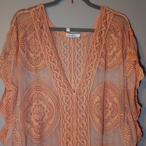 BLUE ISLAND Women's Large Sheer‎ Orange Lacey Swimsuit Cover-up Beach